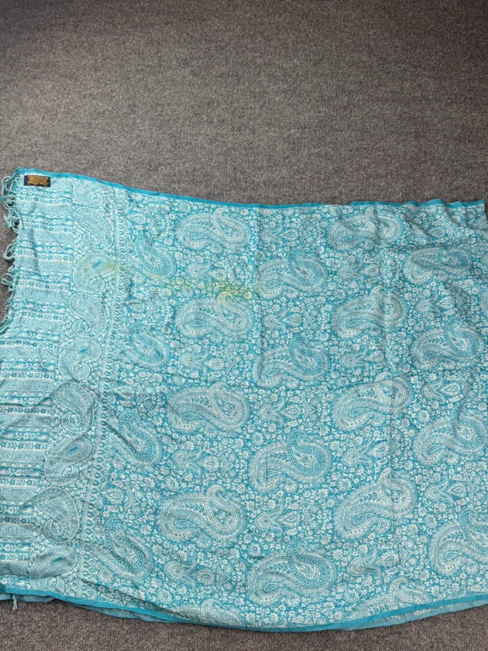Fine Shawl Turquoise Paisley Scarf Wrap 68" x 28" Fringe Yellow Stain Viscose
